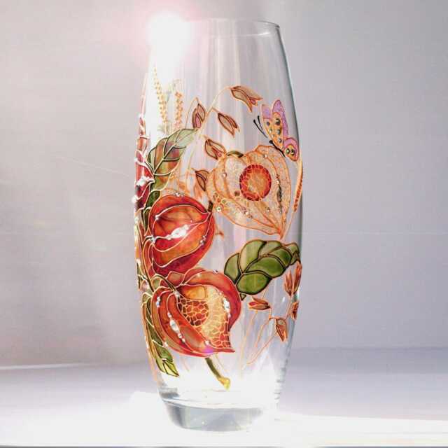 Glass Vase With Physalis Personalized Hand Painted 10 Inch For Flowers Wildflower Orange Glass Gift Mom - image 1