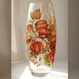 Glass Vase With Physalis Personalized Hand Painted 10 Inch For Flowers Wildflower Orange Glass Gift Mom - thumbnail 3