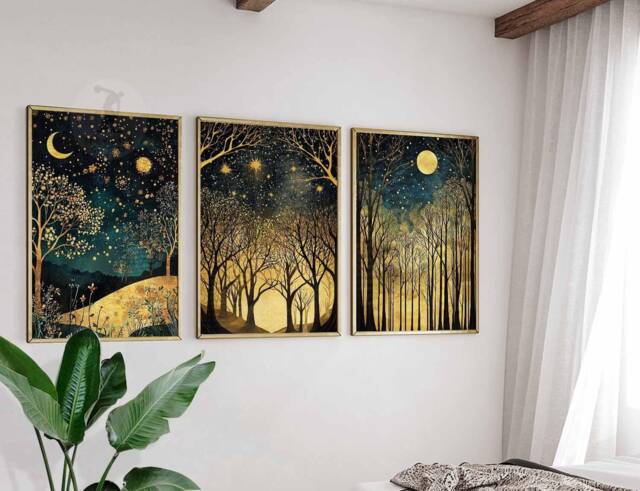William Morris Set Of 3 Posters, Gold Decor, Print, Moon Poster, Night Sky Art, Botanical Floral Bedroom Art - image 1