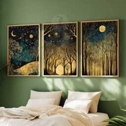 William Morris Set Of 3 Posters, Gold Decor, Print, Moon Poster, Night Sky Art, Botanical Floral Bedroom Art - thumbnail 2