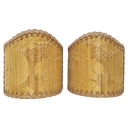 Pair Of Clip-On Shield Shades Gold Silk Damask Rubelli Fabric Ruzante Pattern Mini Lampshade - Made in Italy