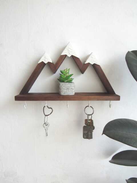 Mountain Wall Key Holder With Shelf Rustic Pine Wood Cabin Decor