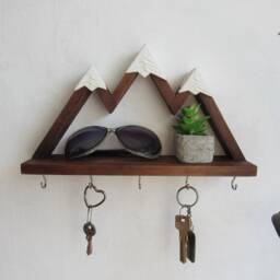 Mountain Wall Key Holder With Shelf Rustic Pine Wood Cabin Decor - thumbnail 3