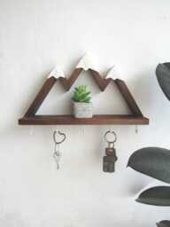 Mountain Wall Key Holder With Shelf Rustic Pine Wood Cabin Decor - thumbnail 1