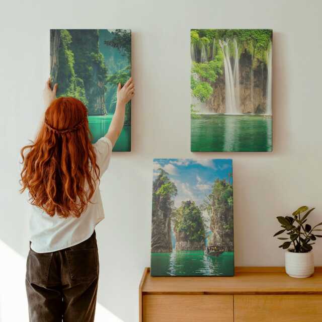 Canvas Art Set Of 3 - Green Landscapes With Waterfalls & Rocks, Picture Print, Wall Decor - image 1