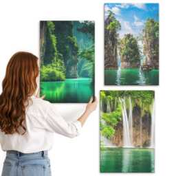 Canvas Art Set Of 3 - Green Landscapes With Waterfalls & Rocks, Picture Print, Wall Decor - thumbnail 3
