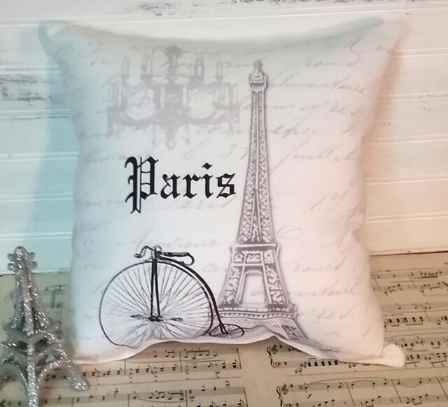 Handmade Paris Eiffel Tower Pillow French Script Cushion