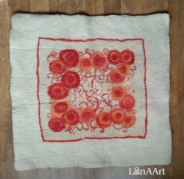 Sale - Handmade Felt Wool Art Carpet, Square Rug For Wall Or Floor Red Flowers 100% Wool, Creamy White, Red Roses - image 1