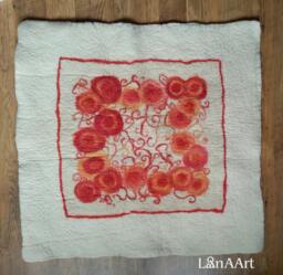 Sale - Handmade Felt Wool Art Carpet, Square Rug For Wall Or Floor Red Flowers 100% Wool, Creamy White, Red Roses - thumbnail 1