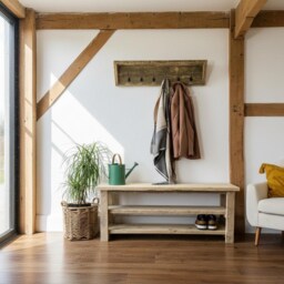 Reclaimed Shoe Storage Bench With Shelves, Handmade Country Farmhouse Rack - thumbnail 2
