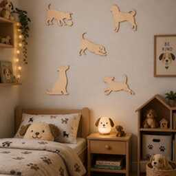 Wooden Dog Wall Decor Set - Nursery Animal Girls Boys Bedroom Playroom Lover Gift Decal Stickers