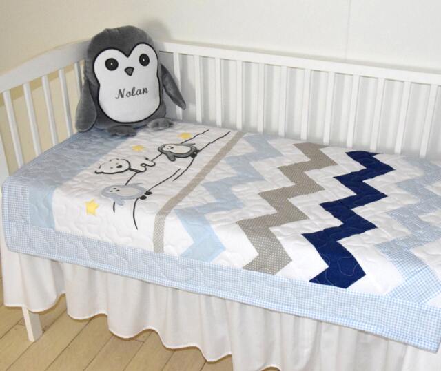 Chevron Crib Bedding, Penguin Baby Quilt, Gray Navy Blue White Toddler Blanket, Gift For New - image 1