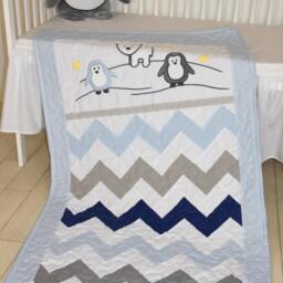Chevron Crib Bedding, Penguin Baby Quilt, Gray Navy Blue White Toddler Blanket, Gift For New - thumbnail 3