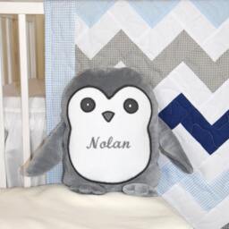 Chevron Crib Bedding, Penguin Baby Quilt, Gray Navy Blue White Toddler Blanket, Gift For New - thumbnail 2