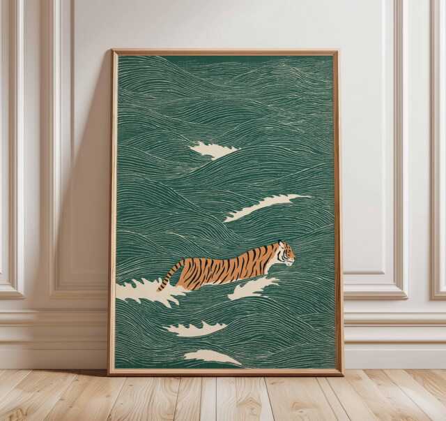 Tiger Art Print, Japanese Style Wall Art, Minimalist Ocean Poster, Zen Animal Illustration, Modern Nature Decor For Home Or Office - image 1