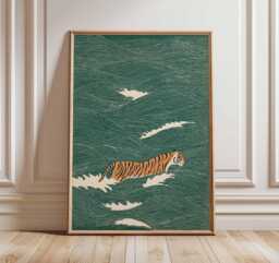 Tiger Art Print, Japanese Style Wall Art, Minimalist Ocean Poster, Zen Animal Illustration, Modern Nature Decor For Home Or Office - thumbnail 1