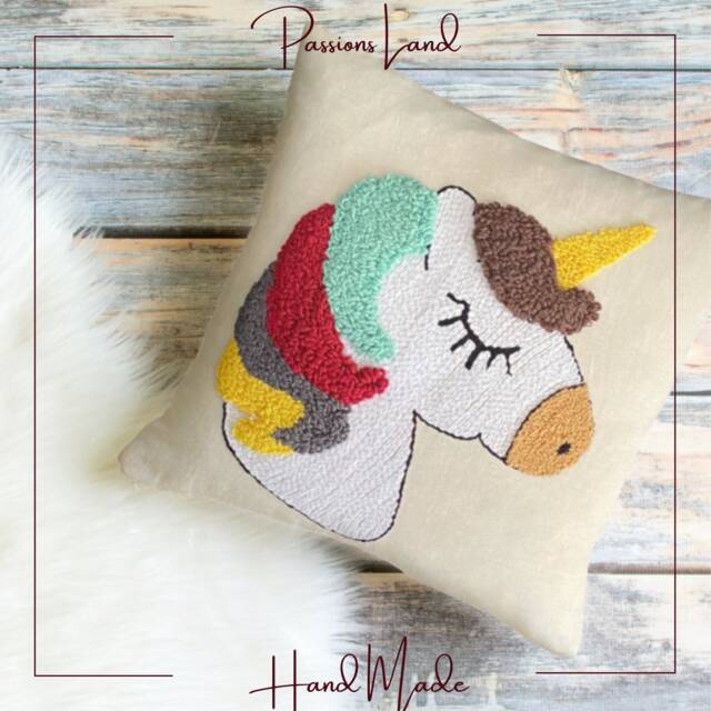 Handmade Embroidered Unicorn Pillow, Punch Needle Linen Decor - image 1