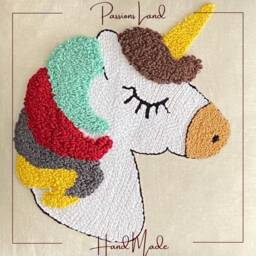 Handmade Embroidered Unicorn Pillow, Punch Needle Linen Decor - thumbnail 3