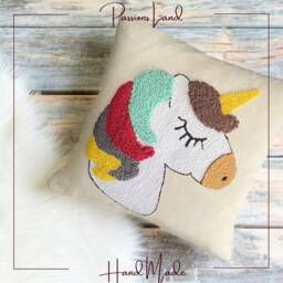 Handmade Embroidered Unicorn Pillow, Punch Needle Linen Decor - thumbnail 1