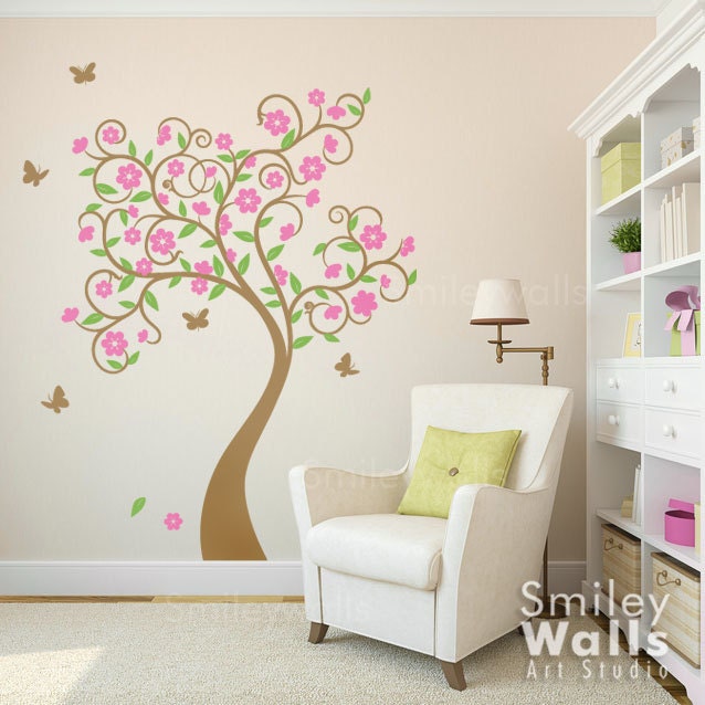 Curly Flower Tree With Butterflies Wall Decal, Cherry Blossom Sticker Tree, Flowers Sticker, Kids Room Decor - image 1