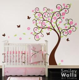 Curly Flower Tree With Butterflies Wall Decal, Cherry Blossom Sticker Tree, Flowers Sticker, Kids Room Decor - thumbnail 3