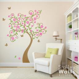 Curly Flower Tree With Butterflies Wall Decal, Cherry Blossom Sticker Tree, Flowers Sticker, Kids Room Decor - thumbnail 1