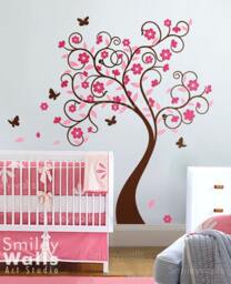 Curly Flower Tree With Butterflies Wall Decal, Cherry Blossom Sticker Tree, Flowers Sticker, Kids Room Decor - thumbnail 2