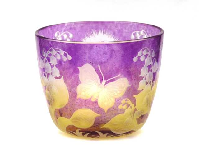 Lantern Tealight Holder Lily Of The Valley Lemon Butterfly Sun Deep Cut Engraving Mouth Blown Hand Engraved - image 1
