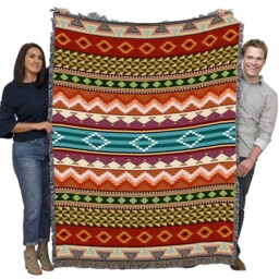 Southwest Stripe Woven Tapestry Blanket, Native American Inspired Pattern, Tribal Camp Throw 100% Cotton Made in Usa 72x54 - thumbnail 2