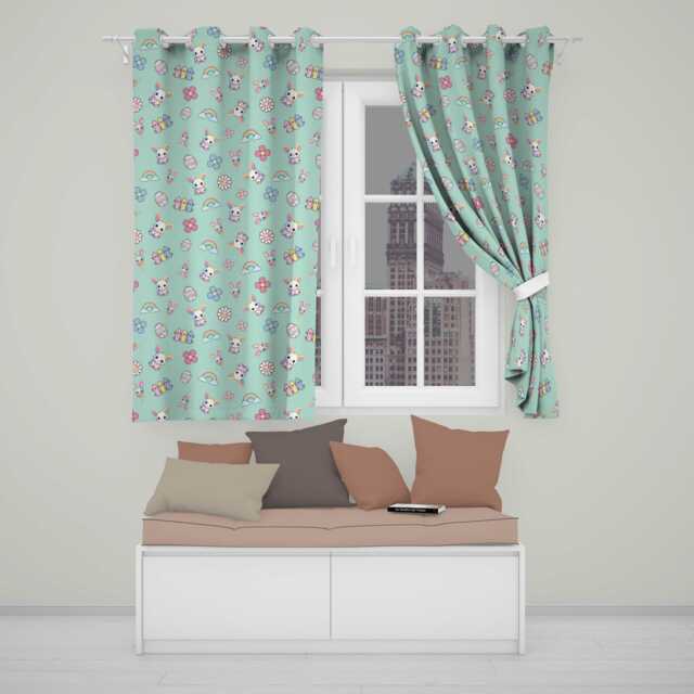 Cute Rainbow Bunny Flower Easter Egg Seamless Pattern Mint Green Background Readymade Eyelet Ring Top Thermal 100% Blackout Curtains - image 1