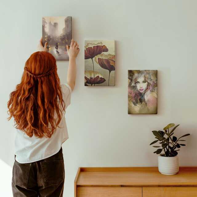 3 Piece Canvas Set - Portrait Of A Woman, Flowers, City in The Rain, Brown Picture Print, Artwork Wall Decor - image 1