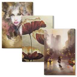 3 Piece Canvas Set - Portrait Of A Woman, Flowers, City in The Rain, Brown Picture Print, Artwork Wall Decor - thumbnail 2
