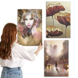 3 Piece Canvas Set - Portrait Of A Woman, Flowers, City in The Rain, Brown Picture Print, Artwork Wall Decor - thumbnail 3