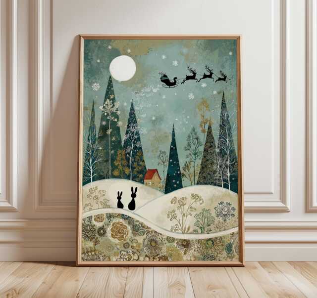 Magical Winter Forest Art Print, Whimsical Christmas Wall Art, Santa Sleigh & Bunny Illustration, Enchanted Woodland Holiday Decor - image 1