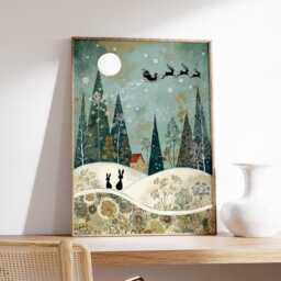 Magical Winter Forest Art Print, Whimsical Christmas Wall Art, Santa Sleigh & Bunny Illustration, Enchanted Woodland Holiday Decor - thumbnail 2