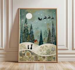 Magical Winter Forest Art Print, Whimsical Christmas Wall Art, Santa Sleigh & Bunny Illustration, Enchanted Woodland Holiday Decor - thumbnail 1