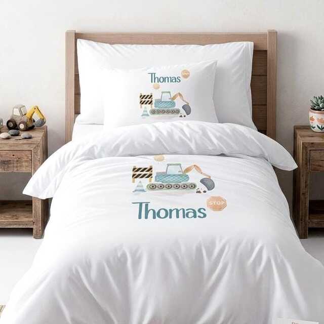 Personalized Construction Bedding For Boys, Kids Custom Digger Duvet Cover Set, Toddler Excavator Pillowcase - image 1