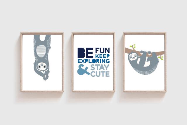 Set Of 3 Sloth Prints, Boys Nursery Decor, Bedroom Playroom Wall Art - image 1
