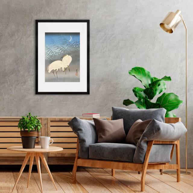 Japanese Art Egrets Cranes Framed Mounted Ukiyo-E Wall Decor Print Poster Woodblock Koson Shoson Heron Bird Calligraphy Beautiful Haiku Cute - image 1