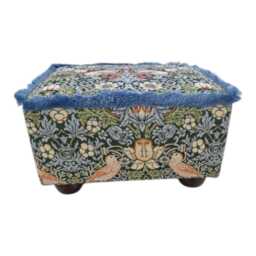 William Morris Strawberry Thief Tapestry Fabric Footstool With Contrast Trim Mahogany Feet