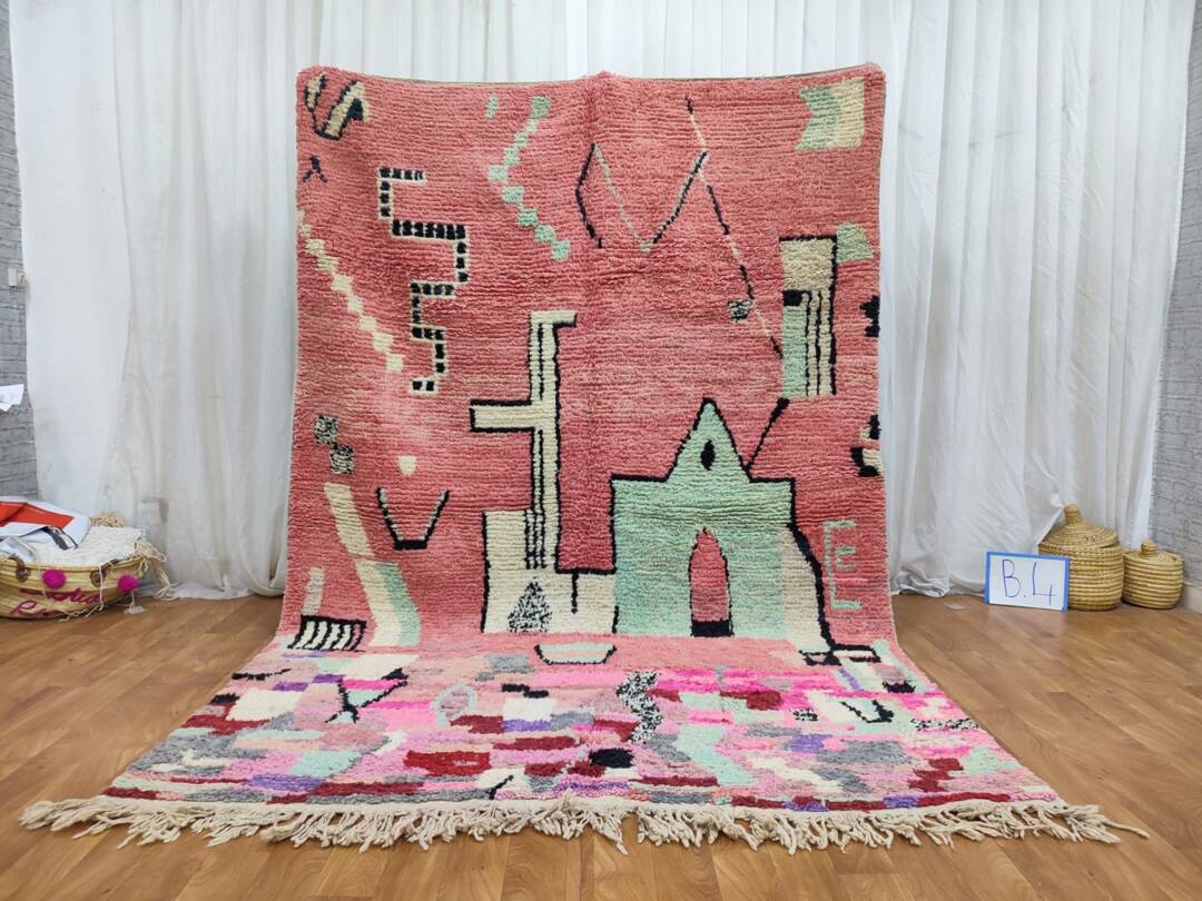 Tapis Berbère Marocain Fait Main 5x8 Ft – Laine Bohème Rose Coloré, Tissé Main