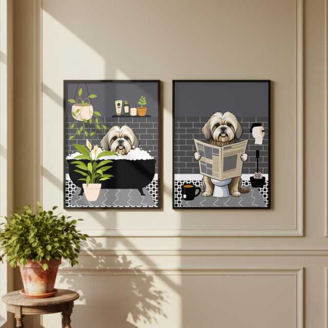 Lhasa Apso Bathroom Prints, Bath & Toilet Art, Set Of Two Grey Prints. Funny Pet Portrait Glossy - image 1