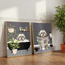 Lhasa Apso Bathroom Prints, Bath & Toilet Art, Set Of Two Grey Prints. Funny Pet Portrait Glossy - thumbnail 2