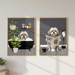 Lhasa Apso Bathroom Prints, Bath & Toilet Art, Set Of Two Grey Prints. Funny Pet Portrait Glossy - thumbnail 3