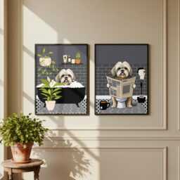 Lhasa Apso Bathroom Prints, Bath & Toilet Art, Set Of Two Grey Prints. Funny Pet Portrait Glossy - thumbnail 1