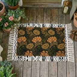 William Morris Chrysanthemum Doormat, Dark Floral Coir Mat, Vintage Botanical Rug