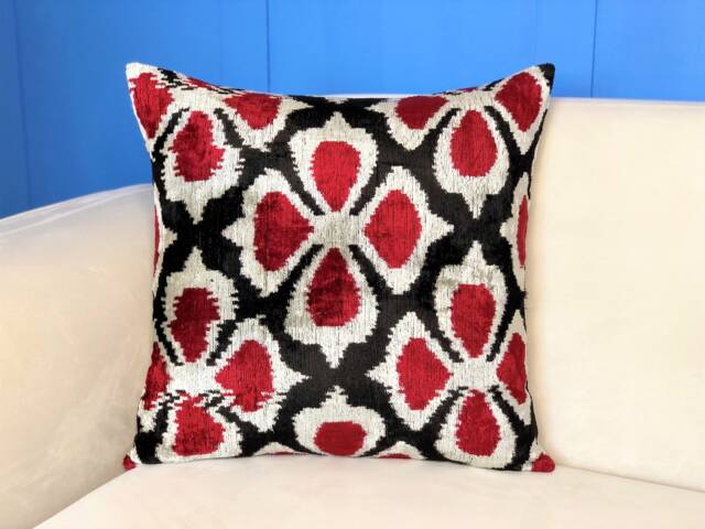 Red & Black Velvet Ikat Pillow Handmade Clover Cushion - image 1