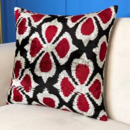 Red & Black Velvet Ikat Pillow Handmade Clover Cushion - thumbnail 3