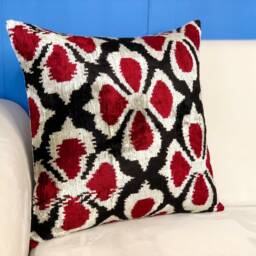 Red & Black Velvet Ikat Pillow Handmade Clover Cushion - thumbnail 2