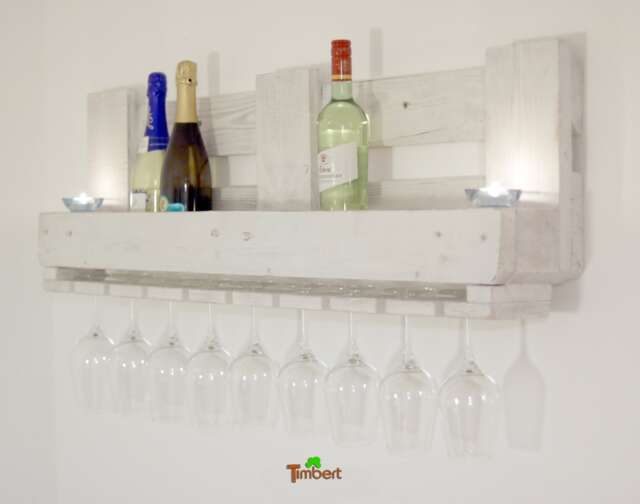 Vintage Wine Rack Made From Recycled Euro Pallets in Shabby Chic White. Pallet Furniture, Wall Shelf For Bottles With Glass Holders, Wooden Shelf - image 1
